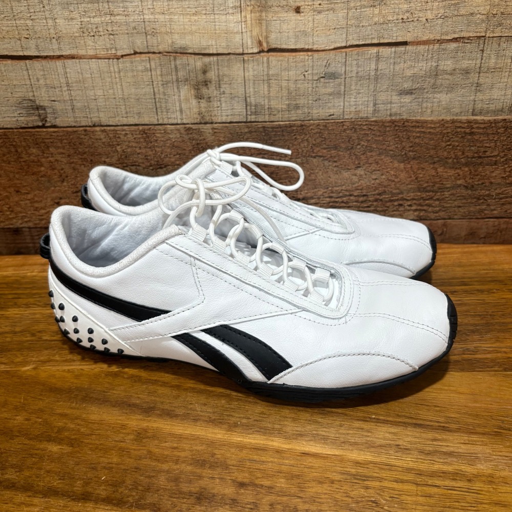 Reebok Rbk Womens White Black Leather Studded Racing Runner Trainers‎ Shoes Sz 7
